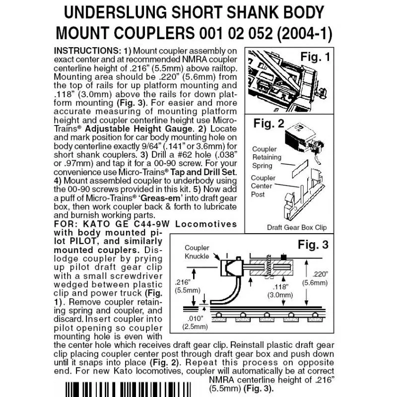 00102052 - Underslung Short Shank Body Mount Couplers - 2 Pair (N Scale) 1