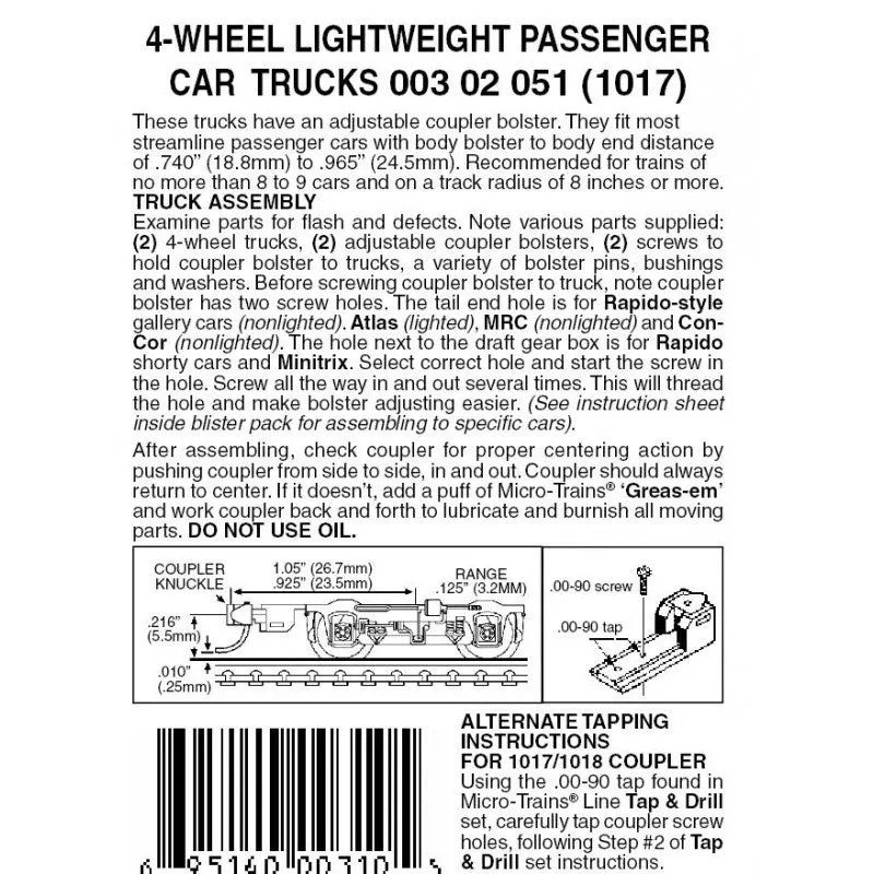 00302051 - Passenger Car Lightweight Bogies - 4 Wheel - 1 Pair (N Scale) 1