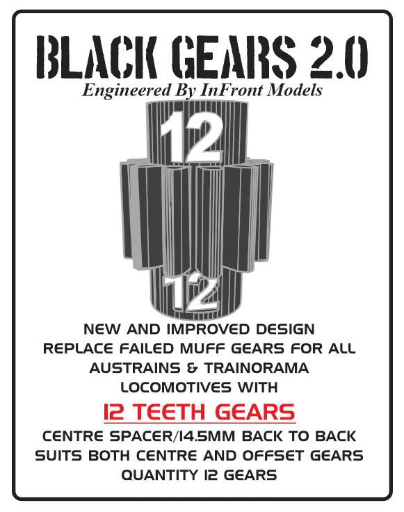 Black Gears 2.0 – To Suit Austrains & Trainorama Models – 12-Teeth Gears (12Pc) 1