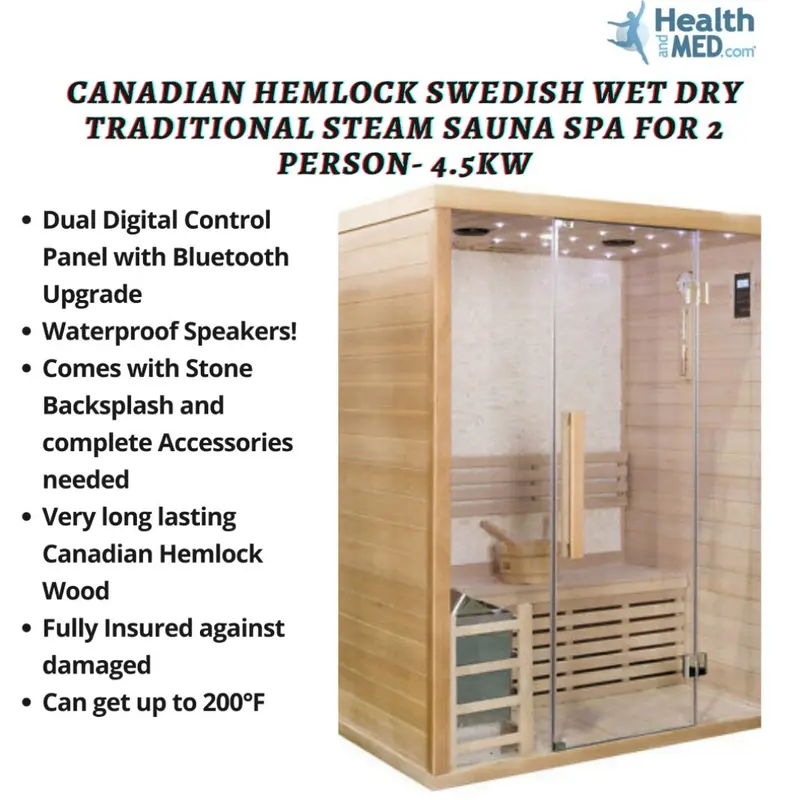 Canadian Hemlock Swedish Wet Dry Traditional Steam Sauna Spa For 2 Person- 4.5Kw 1