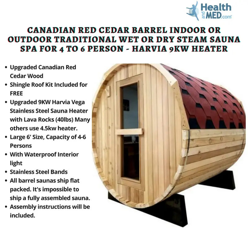 Canadian Red Cedar Barrel Indoor Or Outdoor Traditional Wet Or Dry Steam Sauna Spa For 4 To 6 Person - Harvia 9Kw Heater 1