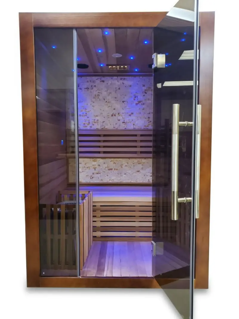 Canadian Red Cedar Wood Indoor Traditional Wet / Dry Swedish Steam Sauna Spa Harvia 6Kw Heater Upgrade For 1 - 2 Persons 1