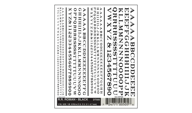 Dt505 - Dry Transfer - Lettering, Roman - Black (1.2, 2.3, 3.1, 4.7Mm) 1