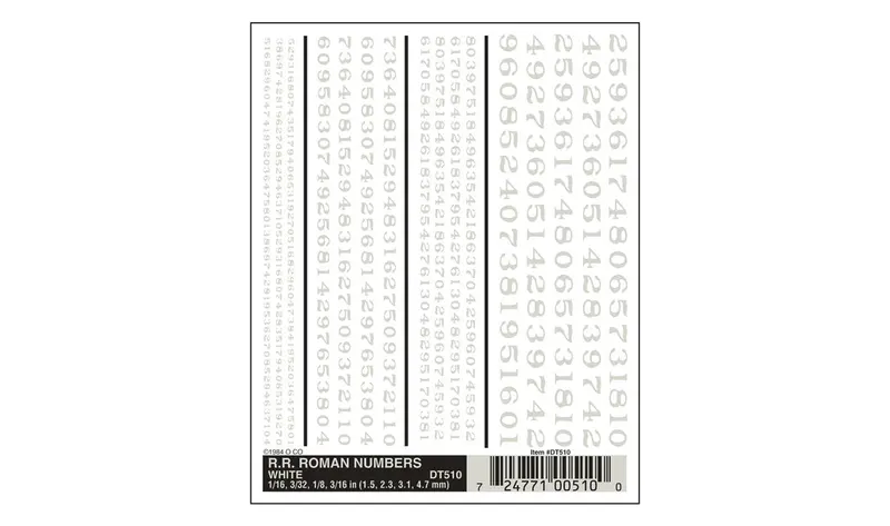 Dt510 - Dry Transfer - Numbers, Roman - White (1.2, 2.3, 3.1, 4.7Mm) 1