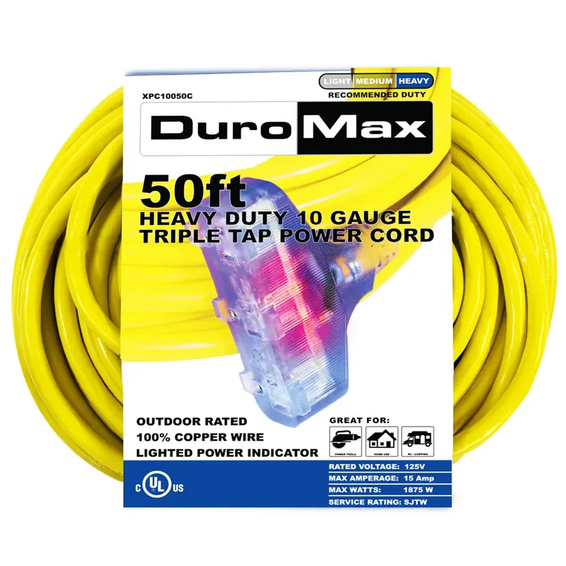 Duromax Xpc10050c 50-Foot 10 Gauge Triple Tap Extension Power Cord 1