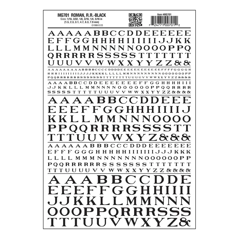 Mg701 - Dry Transfer Lettering - Roman R.R. Black (1.5Mm To 7.9Mm) 1