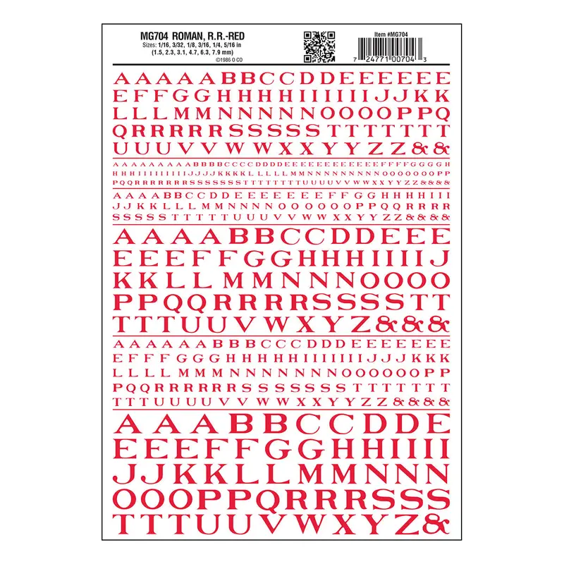 Mg704 - Dry Transfer Lettering - Roman R.R. Red (1.5Mm To 7.9Mm) 1