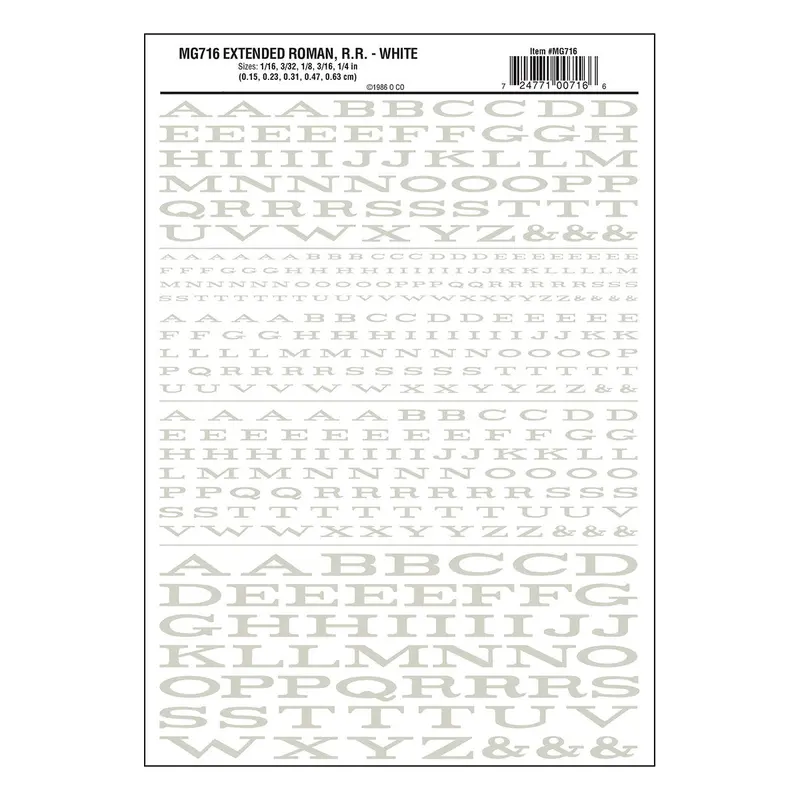 Mg716 - Dry Transfer Lettering - Extended Roman R.R. White  (1.5Mm To 6.3Mm) 1