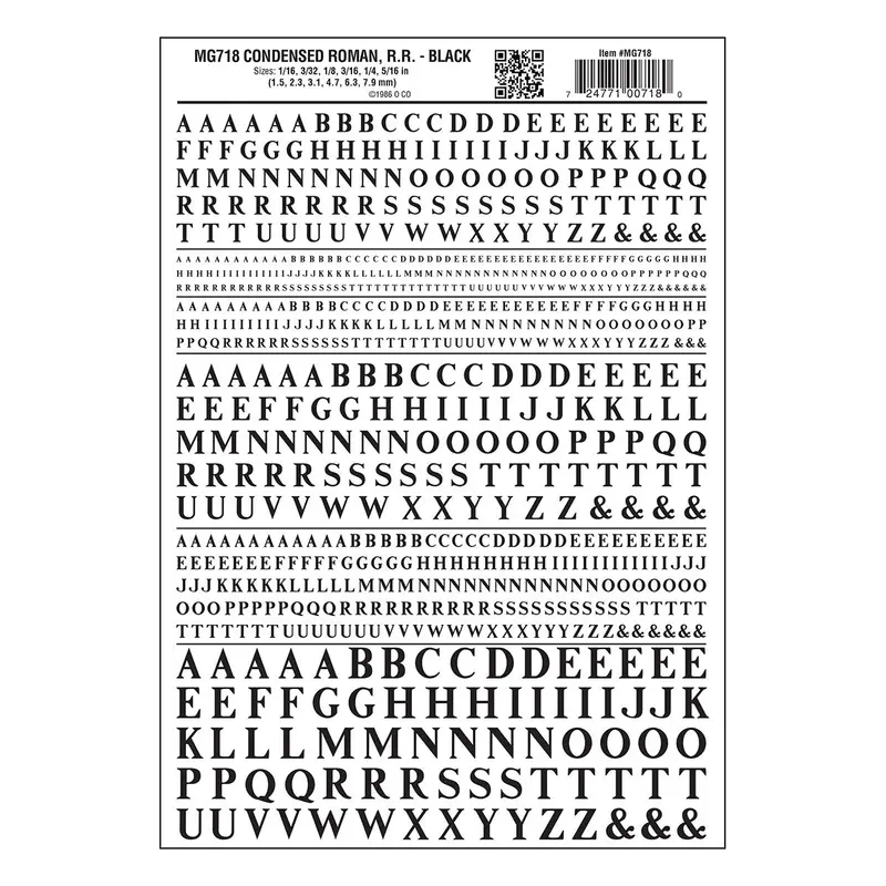 Mg718 - Dry Transfer Lettering - Condensed Roman R.R. Black (1.5Mm To 7.9Mm) 1