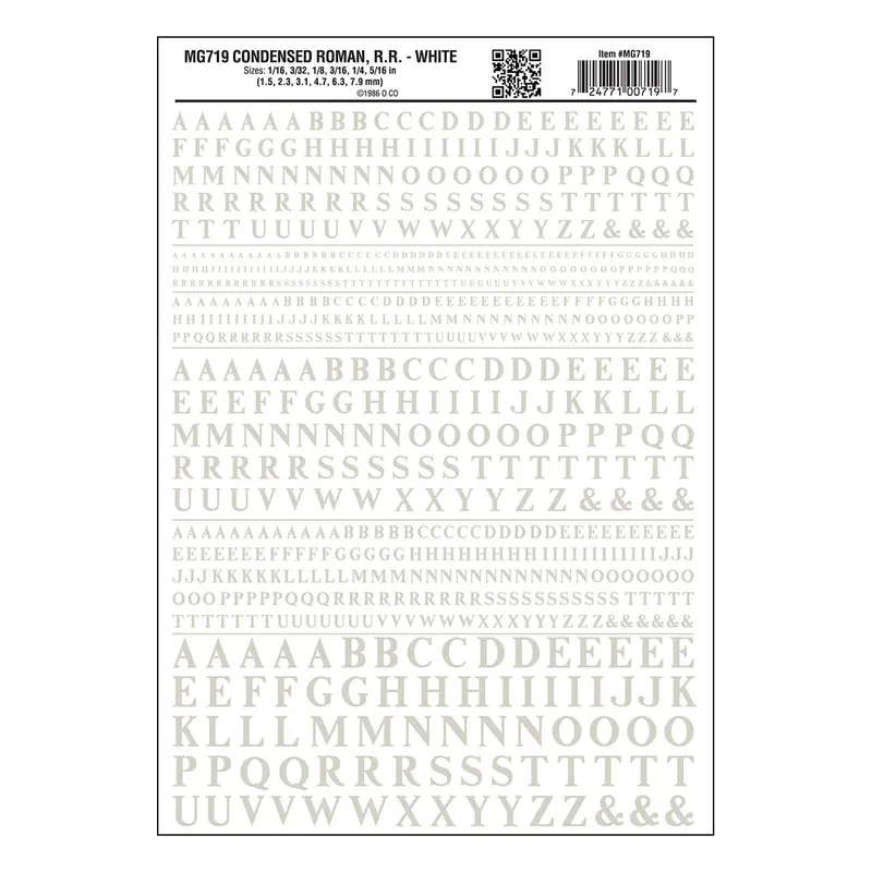 Mg719 - Dry Transfer Lettering - Condensed Roman R.R. White (1.5Mm To 7.9Mm) 1