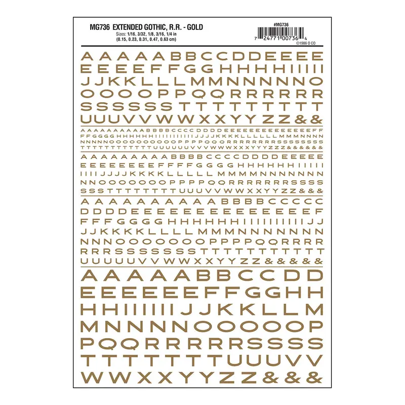 Mg736 - Dry Transfer Lettering - Extended Gothic R.R. Gold (1.5Mm To 6.3Mm) 1