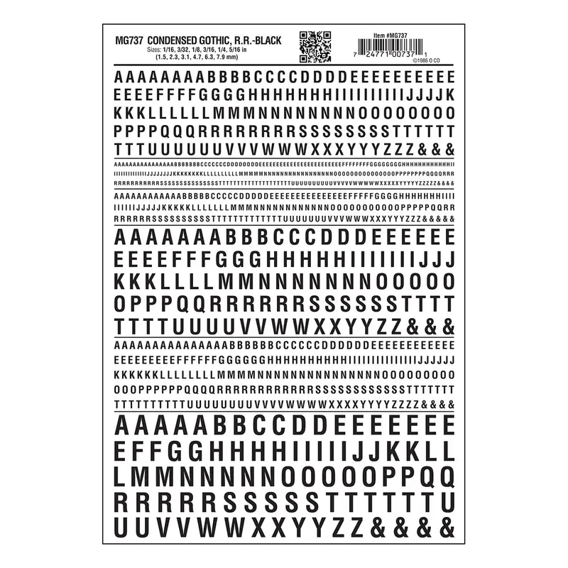 Mg737 - Dry Transfer Lettering - Condensed Gothic R.R. Black (1.5Mm To 6.3Mm) 1