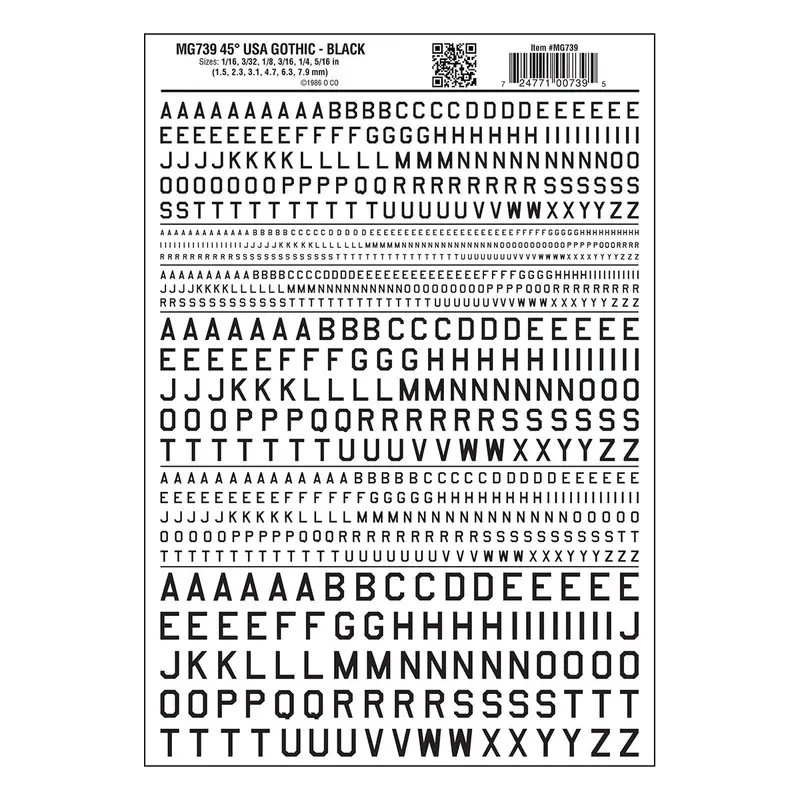 Mg739 - Dry Transfer Lettering - 45° Usa Gothic Black (1.5Mm To 7.9Mm) 1