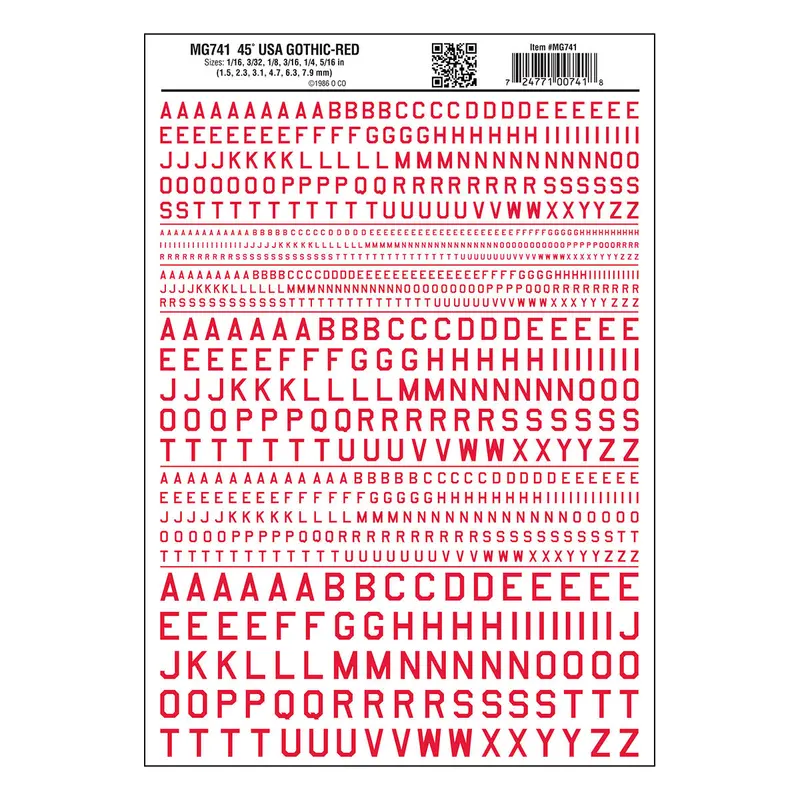 Mg741 - Dry Transfer Lettering - 45° Usa Gothic Red (1.5Mm To 7.9Mm) 1