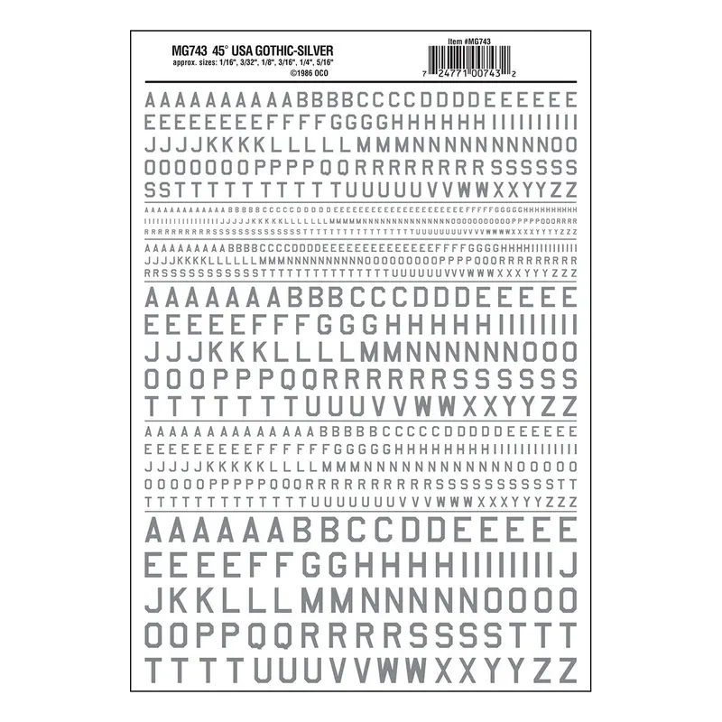 Mg743 - Dry Transfer Lettering - 45° Usa Gothic Silver (1.5Mm To 7.9Mm) 1