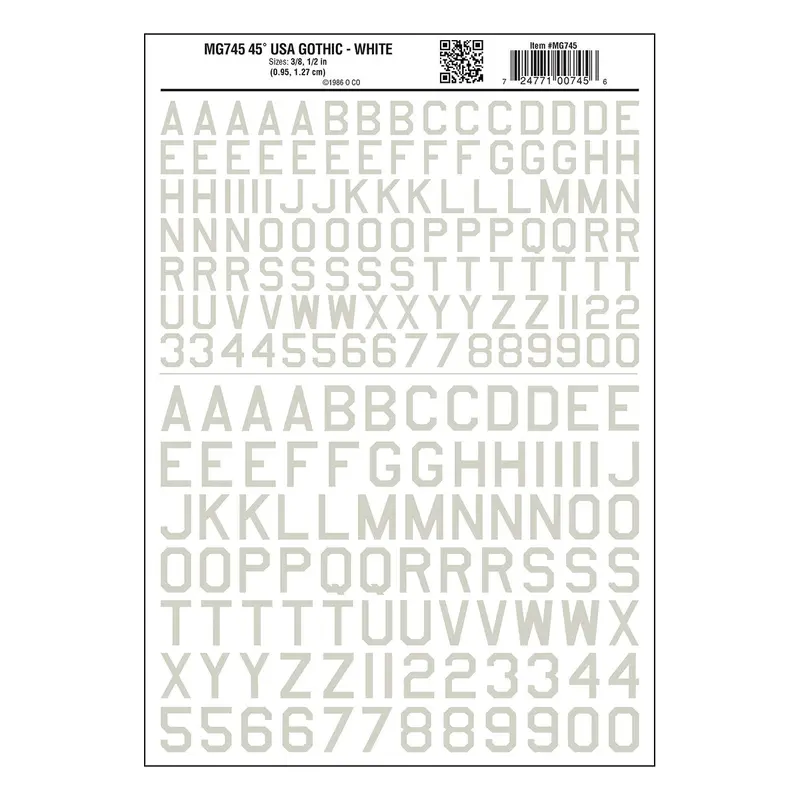 Mg745 - Dry Transfer Lettering - 45° Usa Gothic White (9.5Mm To 12.7Mm) 1