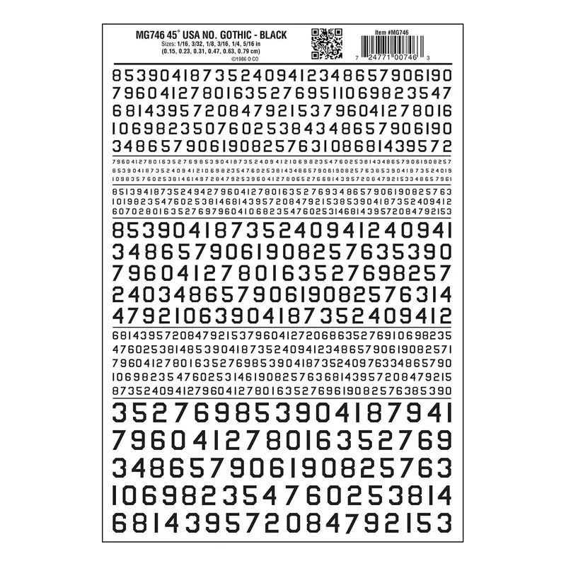 Mg746 - Dry Transfer Numbers - 45° Usa Gothic Black (1.5Mm To 7.9Mm) 1