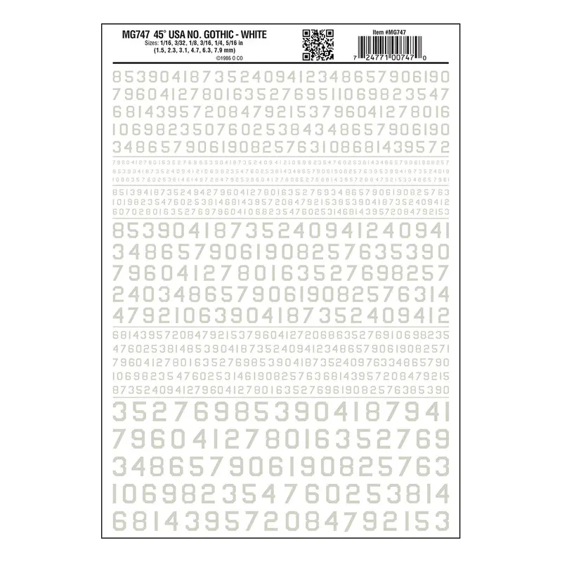 Mg747 - Dry Transfer Numbers - 45° Usa Gothic White (1.5Mm To 7.9Mm) 1