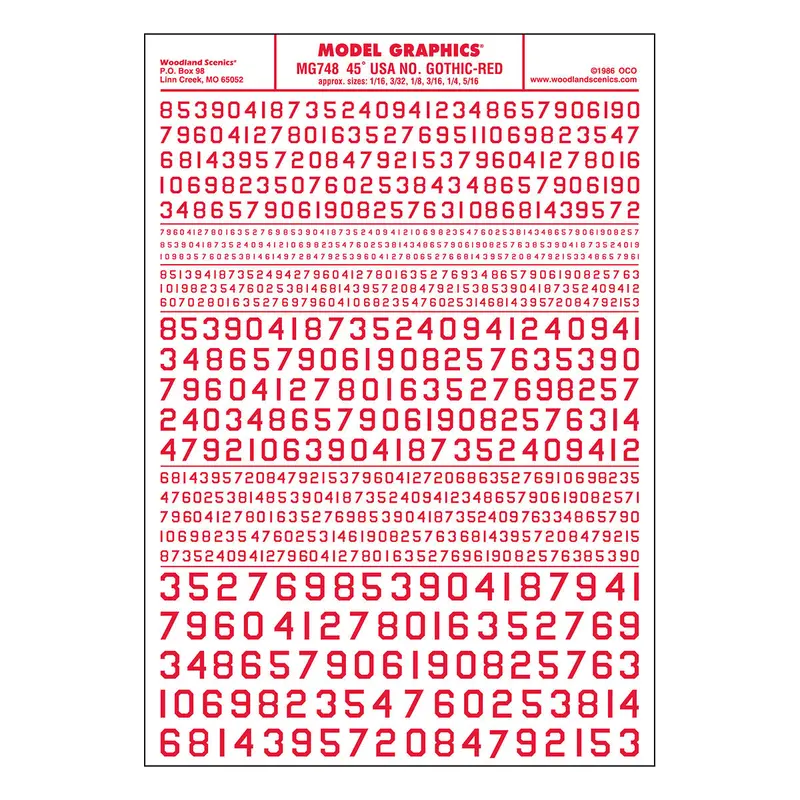 Mg748 - Dry Transfer Numbers - 45° Usa Gothic Red (1.5Mm To 7.9Mm) 1