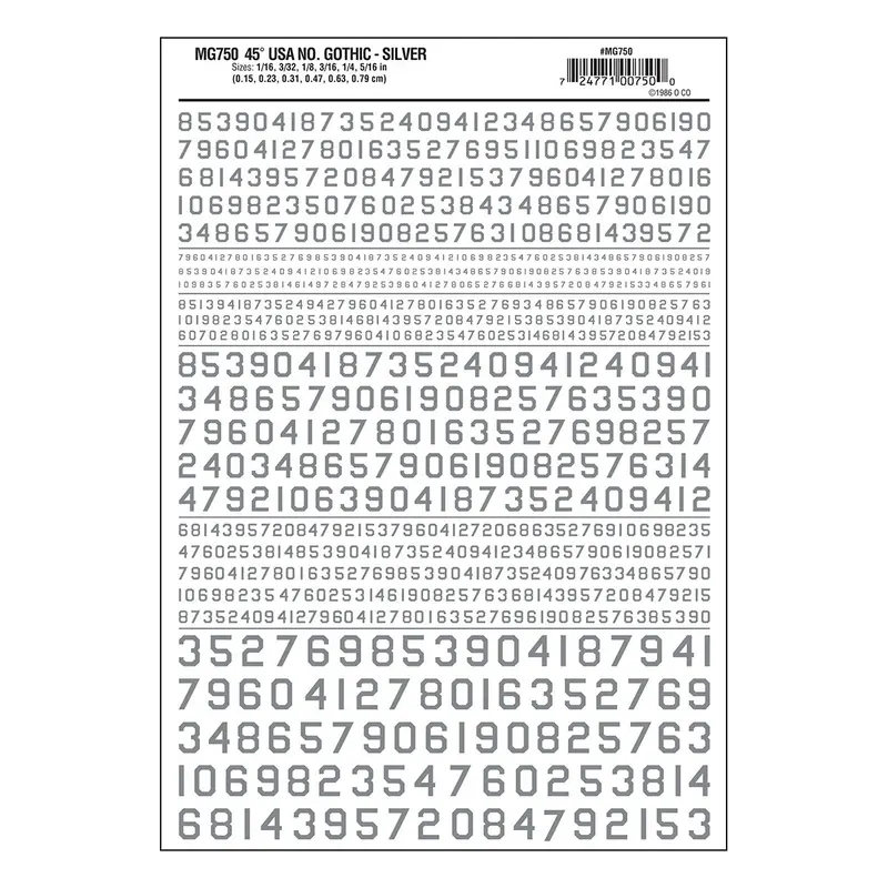 Mg750 - Dry Transfer Numbers - 45° Usa Gothic Silver (1.5Mm To 7.9Mm) 1