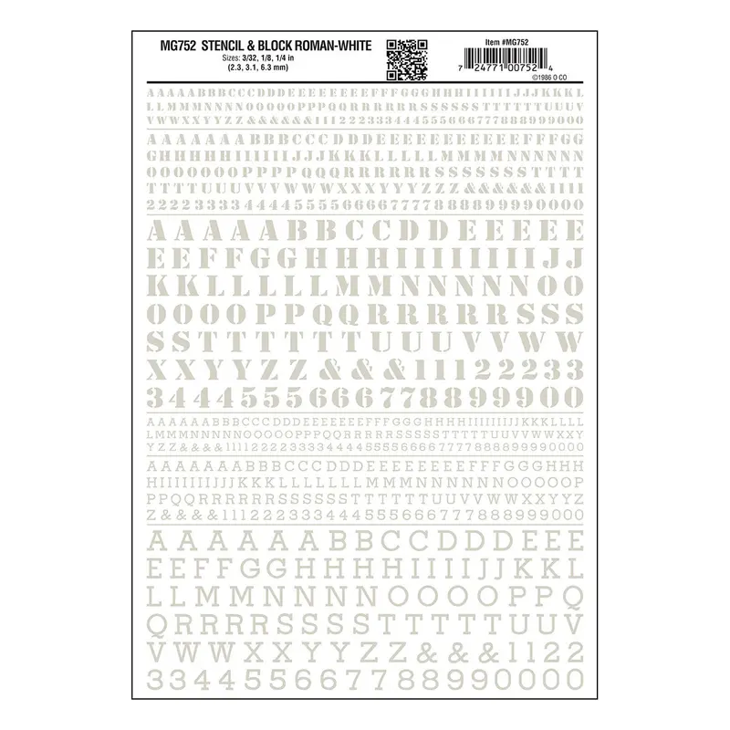 Mg752 - Dry Transfer Numbers & Letters - Stencil & Block Roman White (2.3Mm To 6.3Mm) 1