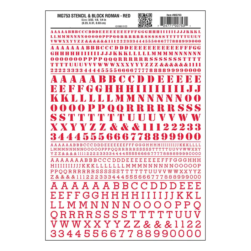 Mg753 - Dry Transfer Numbers & Letters - Stencil & Block Roman Red (2.3Mm To 6.3Mm) 1