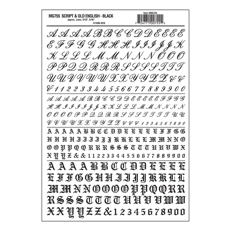 Mg755 - Dry Transfer Lettering - Script & Old English Black (4.7Mm & 7.9Mm) 1