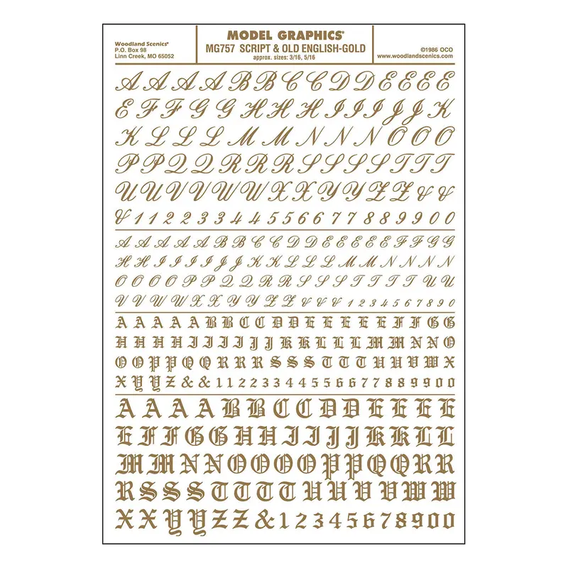 Mg757 - Dry Transfer Lettering - Script & Old English Gold (4.7Mm & 7.9Mm) 1