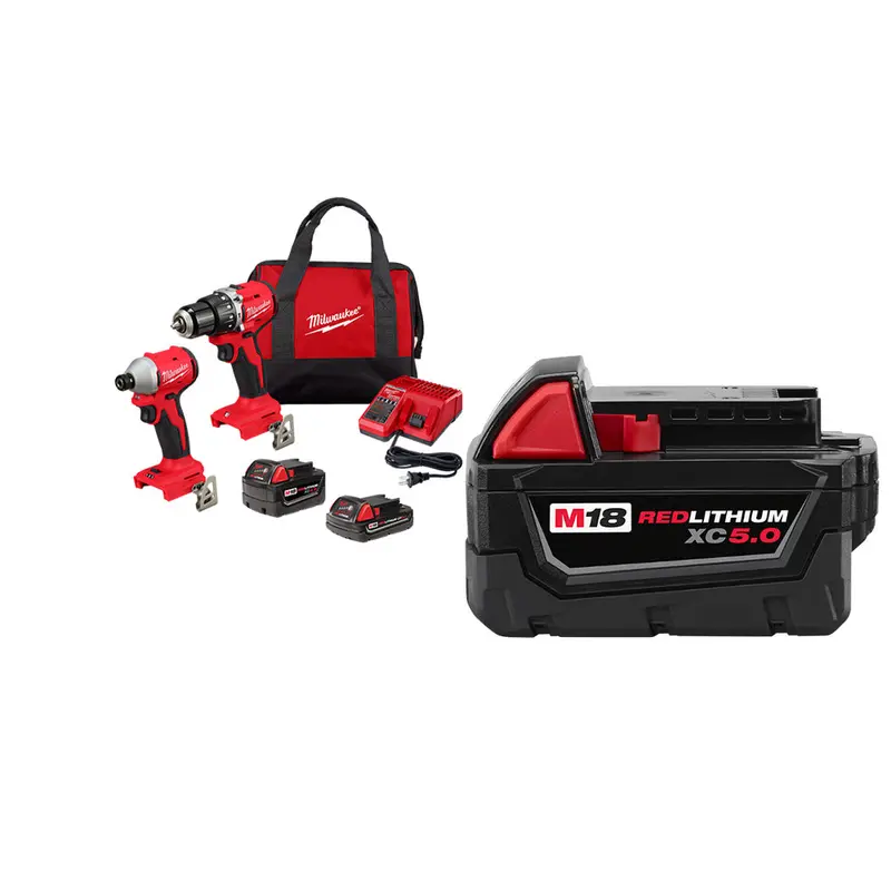 Milwaukee 3693-22Cxv5 M18 Compact Brushless 2-Tool Combo Kit W/ Extra 5Ah Battery 1