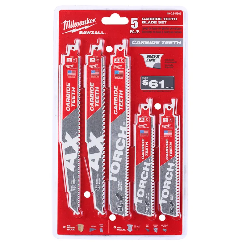 Milwaukee 49-22-5505 Sawzall Carbide Demolition Reciprocating Saw Blade - 5 Pc 1
