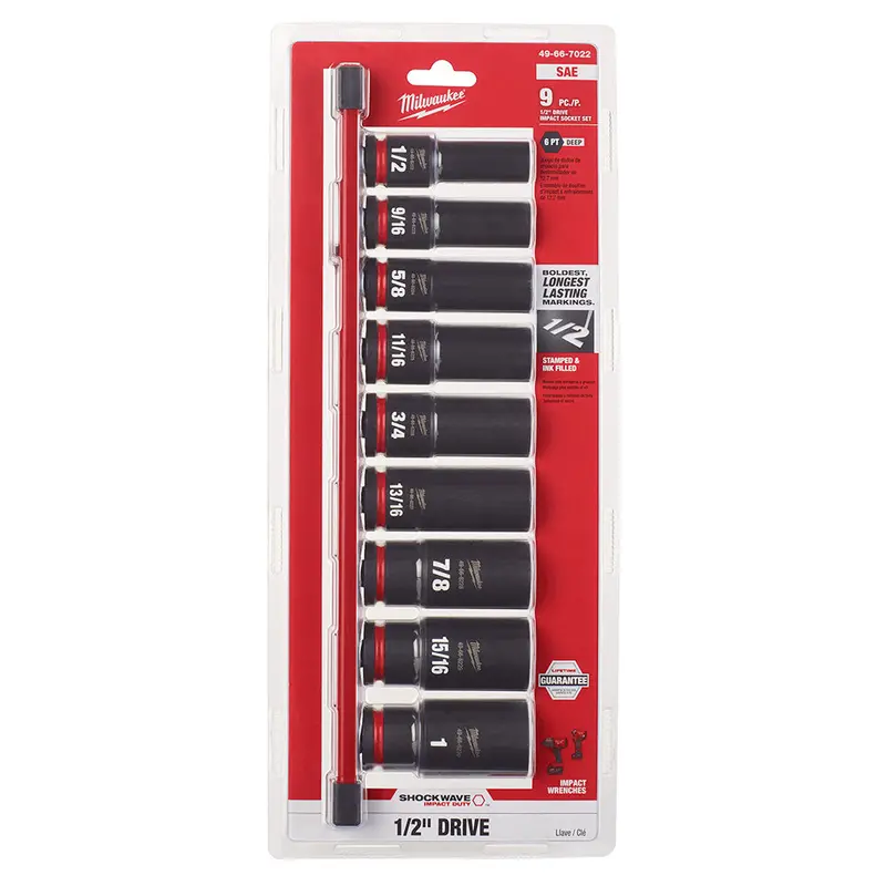 Milwaukee 49-66-7022 Shockwave 1/2" Drive Sae  6 Point Socket Set - 9Pc 1