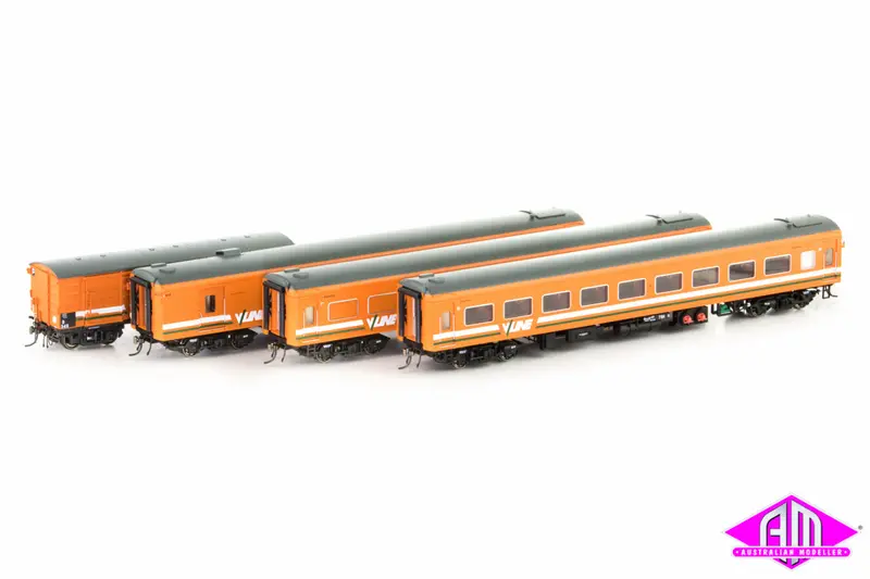 N Passenger Cars V/Line Orange/Grey With Green/White Stripes And V/Line Logo, 4 Car Set (Vps-10) Ho Scale 1