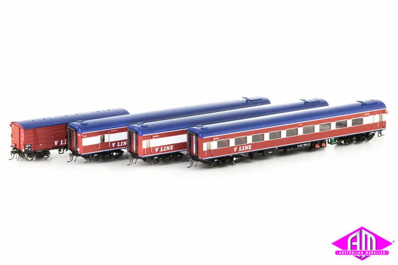 N Passenger Cars V/Line Passenger Mk1 Red/White/Blue With Bottom Stripes And V/Line Logo, 4 Car Set (Vps-13) Ho Scale 1