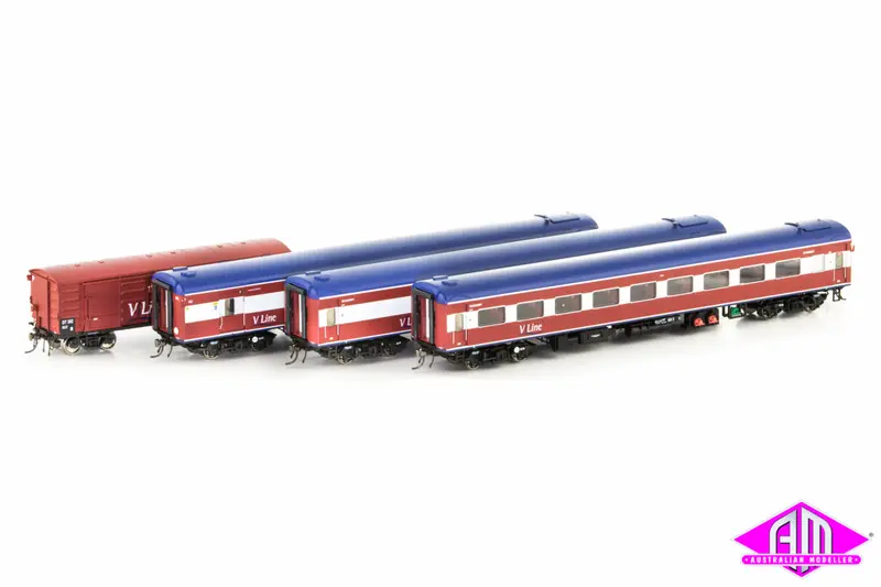 N Passenger Cars V/Line Passenger Mk2 Red/White/Blue With V/Line Logo, 4 Car Set (Vps-15) Ho Scale 1