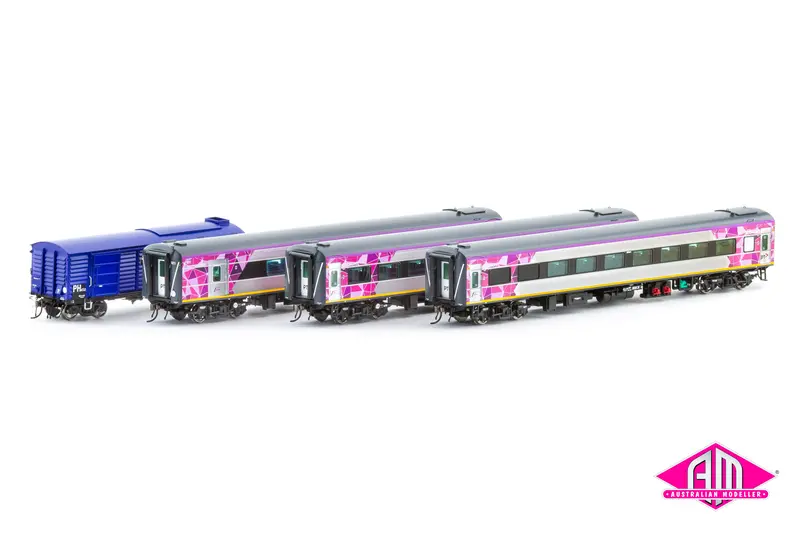 N Passenger Cars V/Line Ptv, Purple/Grey/Silver With V/Line & Ptv Logos, 4 Car Set (Vps-51) Ho Scale 1
