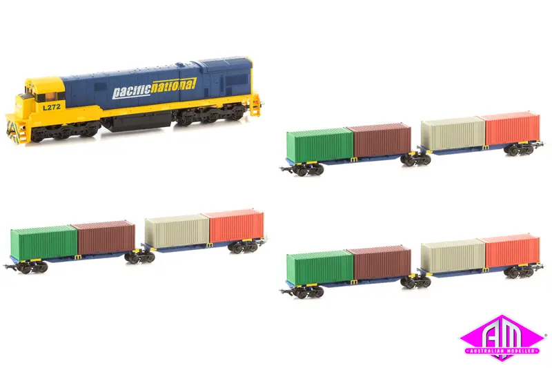 Pacific National C30 Loco & 3 Shared Bogie Container Wagons Set (Ho Scale) 1