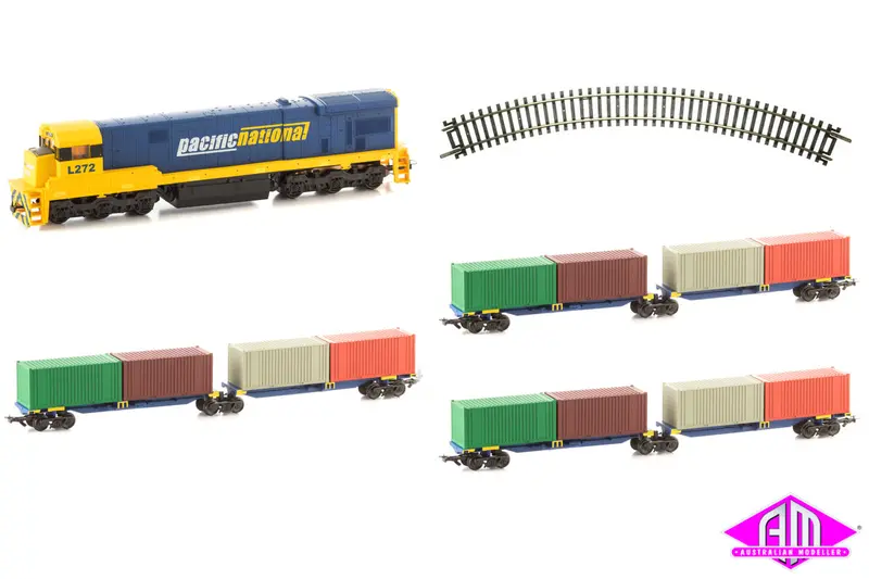 Pacific National C30 Loco & 3 Shared Bogie Container Wagons Set (With Track) Ho Scale 1