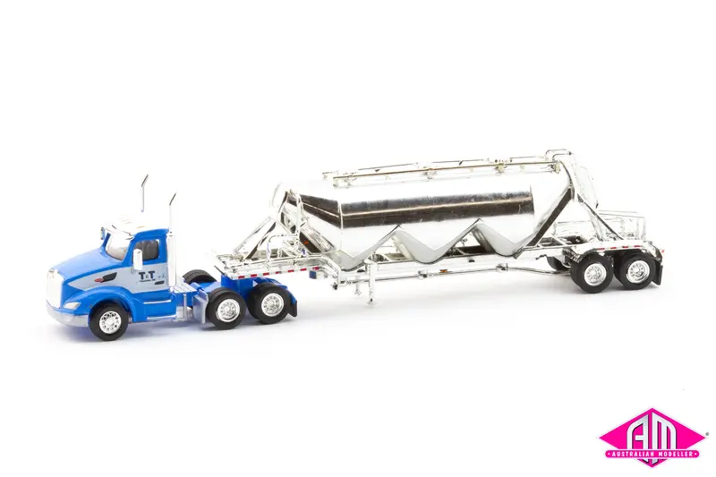 Spec004 - Peterbilt 579 Day Cab Truck With Pneumatic Bulk Trailer - T&T Trucking - Blue, White, Chrome (Ho Scale) 1