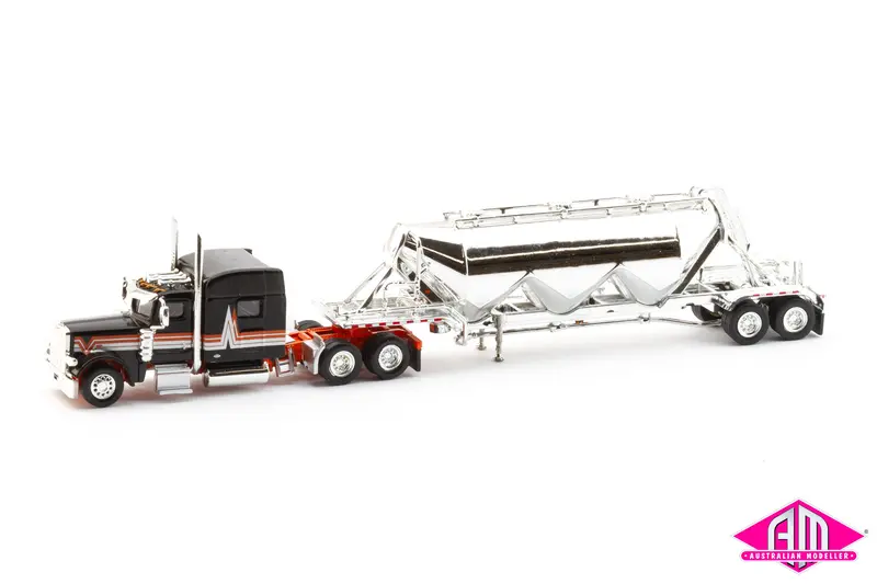Spec017 - Peterbilt 389 Sleeper Cab Tractor With Pneumatic Bulk Trailer - Black, Silver, Orange, Chrome (Ho Scale) 1
