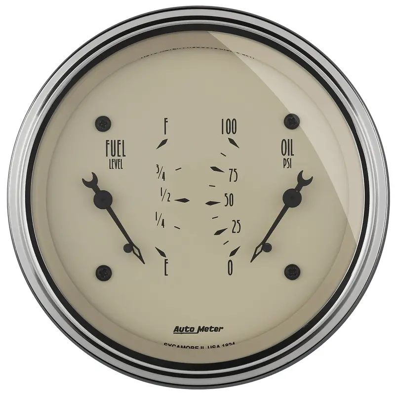 Autometer 1824 Dual Function Gauge – 3-3/8" Fuel Level & Oil Pressure, Electric, Antique Beige Face 1