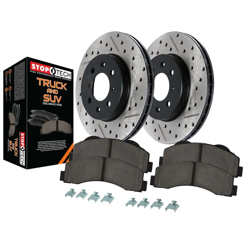 Stoptech 971.45016 Heavy-Duty Front Brake Kit For Trucks – Slotted & Drilled Rotors With Performance Pads 1